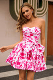 Fuchsia A-Line Strapless Floral Homecoming Dress With Bow