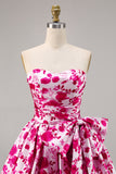 Fuchsia Printed Strapless Homecoming Dress with Bow