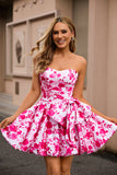 Fuchsia A-Line Strapless Floral Homecoming Dress With Bow