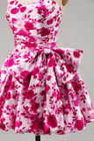 Fuchsia Printed Strapless Homecoming Dress with Bow