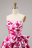 Fuchsia Printed Strapless Homecoming Dress with Bow