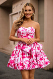 Fuchsia A-Line Strapless Floral Homecoming Dress With Bow