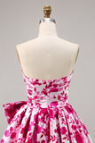 Fuchsia Printed Strapless Homecoming Dress with Bow