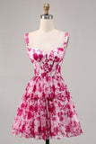 Printed Fuchsia Floral A Line Corset Homecoming Dress