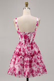 Printed Fuchsia Floral A Line Corset Homecoming Dress