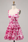 Printed Fuchsia Floral A Line Corset Homecoming Dress