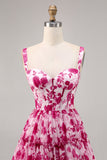 Printed Fuchsia Floral A Line Corset Homecoming Dress