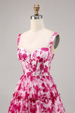Printed Fuchsia Floral A Line Corset Homecoming Dress