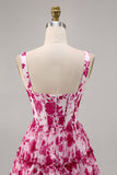 Printed Fuchsia Floral A Line Corset Homecoming Dress