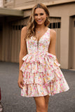 Pink Flower A-Line Tiered Ruffle V-Neck Homecoming Dress