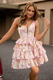 Pink Flower A-Line Tiered Ruffle V-Neck Homecoming Dress