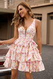 Pink Flower A-Line Tiered Ruffle V-Neck Homecoming Dress
