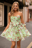 A-Line Green Strapless Corset Floral homecoming Dress With Bow