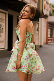 A-Line Green Strapless Corset Floral homecoming Dress With Bow