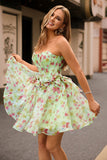 A-Line Green Strapless Corset Floral homecoming Dress With Bow