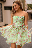 A-Line Green Strapless Corset Floral homecoming Dress With Bow