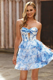 Floral White Blue Keyhole Strapless A-Line Homecoming Dress