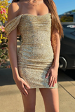 Off The Shoulder Gold Sequins Tight Homecoming Dress