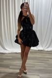 Metallic Black Halter A Line Ruched Mini Homecoming Dress