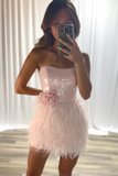 Sparkly Strapless Pink Tight Short Homecoming Dress with Feathers
