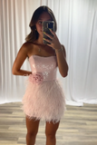 Sparkly Strapless Pink Tight Short Homecoming Dress with Feathers