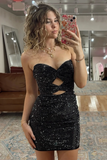 Sparkly Dark Green Cut Out Strapless Bodycon Short Homecoming Dress with Beading