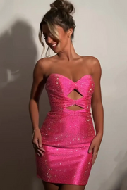 Glitter Strapless Fuchsia Cut Out Homecoming Dress