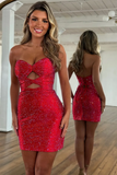 Glitter Strapless Fuchsia Cut Out Homecoming Dress