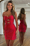 Sparkly Dark Green Cut Out Strapless Bodycon Short Homecoming Dress with Beading