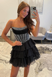 Sparkly Black Corset A Line Ruffled Mini Homecoming Dress with Beading