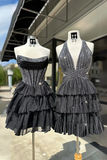 Sparkly Black Corset A Line Ruffled Mini Homecoming Dress with Beading