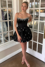 Sparkly Black A Line Satin Corset Short Homecoming Dress with Rhinestones