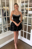 Sparkly Black A Line Satin Corset Short Homecoming Dress with Rhinestones