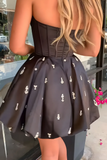 Sparkly Black A Line Satin Corset Short Homecoming Dress with Rhinestones