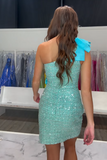 Sparkly One Shoulder Green Tight Homecoming Dress with Bows