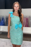 Sparkly One Shoulder Green Tight Homecoming Dress with Bows