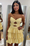 Sparkly Yellow Cut Out A Line Tiered Short Satin Mini Homecoming Dress with Beading