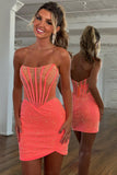 Orange Corset Tight Beaded Strapless Short Homecoming Dress