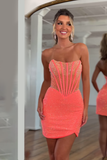Orange Corset Tight Beaded Strapless Short Homecoming Dress