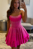 Sparkly Fuchsia Strapless Satin Beaded Short Homecoming Dress with Basque Waist
