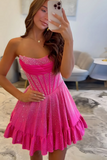 Sparkly Fuchsia Strapless Satin Beaded Short Homecoming Dress with Basque Waist
