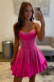 Sparkly Fuchsia Strapless Satin Beaded Short Homecoming Dress with Basque Waist
