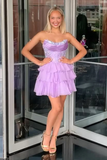 Sparkly Fuchsia Strapless Satin Beaded Short Homecoming Dress with Basque Waist