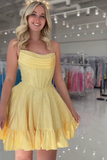 Sparkly Yellow A Line Strapless Short Corset Homecoming Dress with Beading