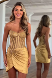 Sparkly Gold Bodycon Ruched Corset Short Homecoming Dress with Beading