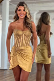 Sparkly Gold Bodycon Ruched Corset Short Homecoming Dress with Beading