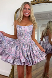 Floral Purple Jacquard A Line Basque Waist Mini Homecoming Dress with Ruffles