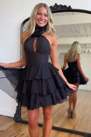 Black High Neck Short Homecoming Dress with Ruffles