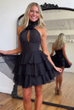 Black High Neck Short Homecoming Dress with Ruffles