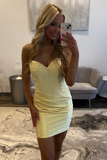 Sparkly Yellow Strapless Ruched Bodycon Short Homecoming Dress with Beading